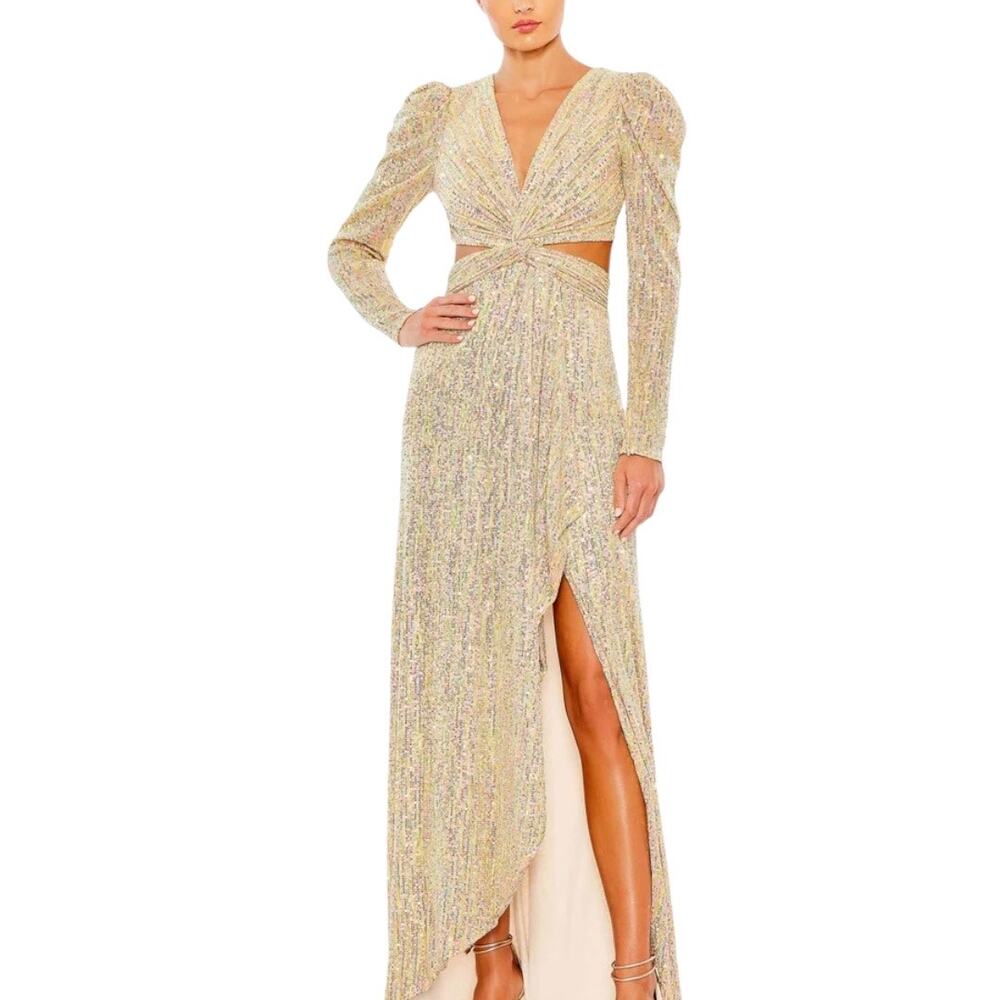 Ieena for Mac Duggal Gold Front Twist Cut-Out Gown Size 6 NWT